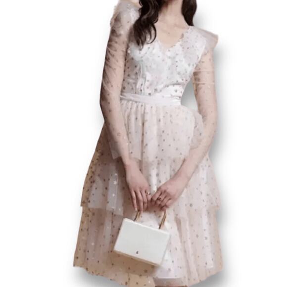 Rachel Parcell Pastel Pink Gold Metallic Glitter Star Tulle Dress Tiered Skirt - Picture 11 of 11